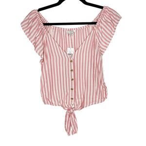 New American Eagle XSmall XS Red Cream Striped Tie Front Button Front Shirt Top